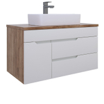 AVK4. Тумба навесная, 2 Ящика + 1 Дверь, 800, коллекция (Ингрид, Раковина накладная, Дуб Крафт Золотой, Эмаль Белая матовая)