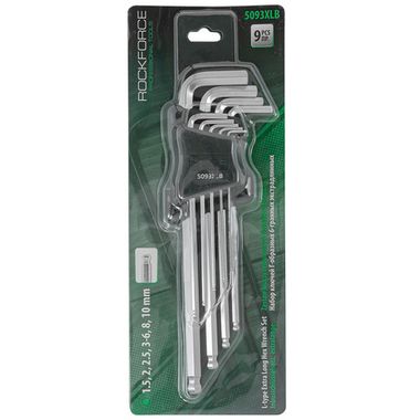Набор ключей Г-образных 6-гранных экстра длинных с шаром 9пр. (1.5, 2, 2.5, 3, 4, 5, 6, 8, 10мм)в пластиковом держателе RockForce##Rock FORCE RF-5093XLB