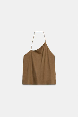 ZARA ТОП ИЗ ЛЬНА С ГОРЛОВИНОЙ ХАЛТЕР И БУСИНАМИ, ТАБАЧНЫЙ