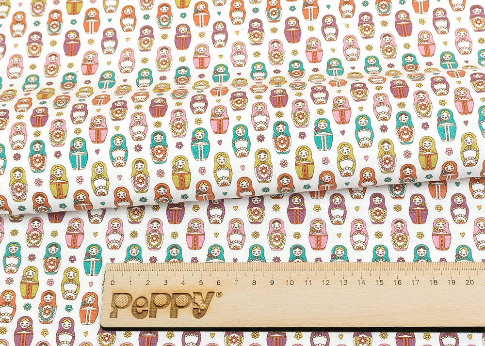 Ткань для пэчворка Peppy Крошки-матрешки, отрез 50х55 см, 146 г/м², КМ-14 белый, Peppy Ткань для пэчворка Peppy Крошки-матрешки, отрез 50х55 см, 146 г/м², КМ-14 белый, Peppy