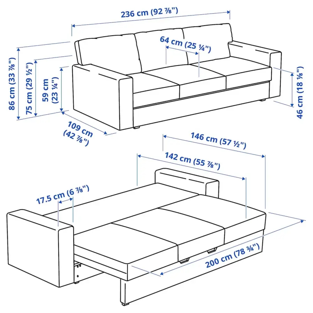3-местный диван-кровать - IKEA BÅRSLÖV/BARSLOV/БЁРСЛОВ ИКЕА, 236х109х86 см, серый