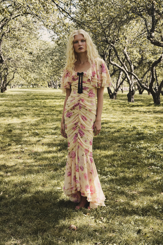 Платье макси из принтованного шифона с бантом из бархата