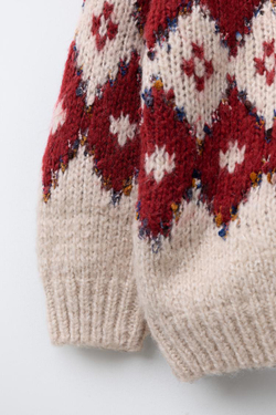 ZARA ЖАККАРДОВЫЙ СВИТЕР, ЭКРЮ/КРАСНЫЙ