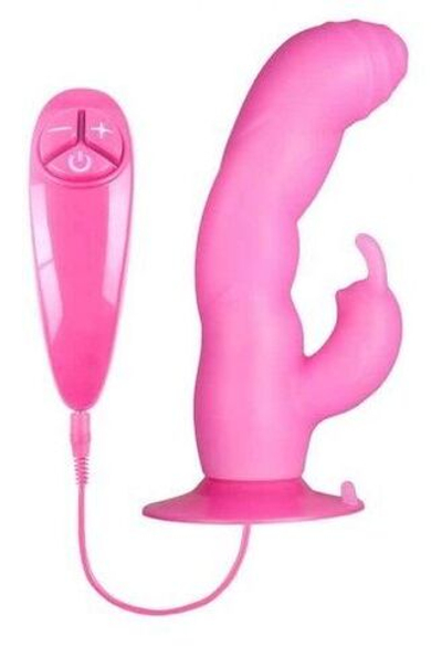 Розовый вибратор с клиторальным стимулятором BUNNY ICY - 18 см.