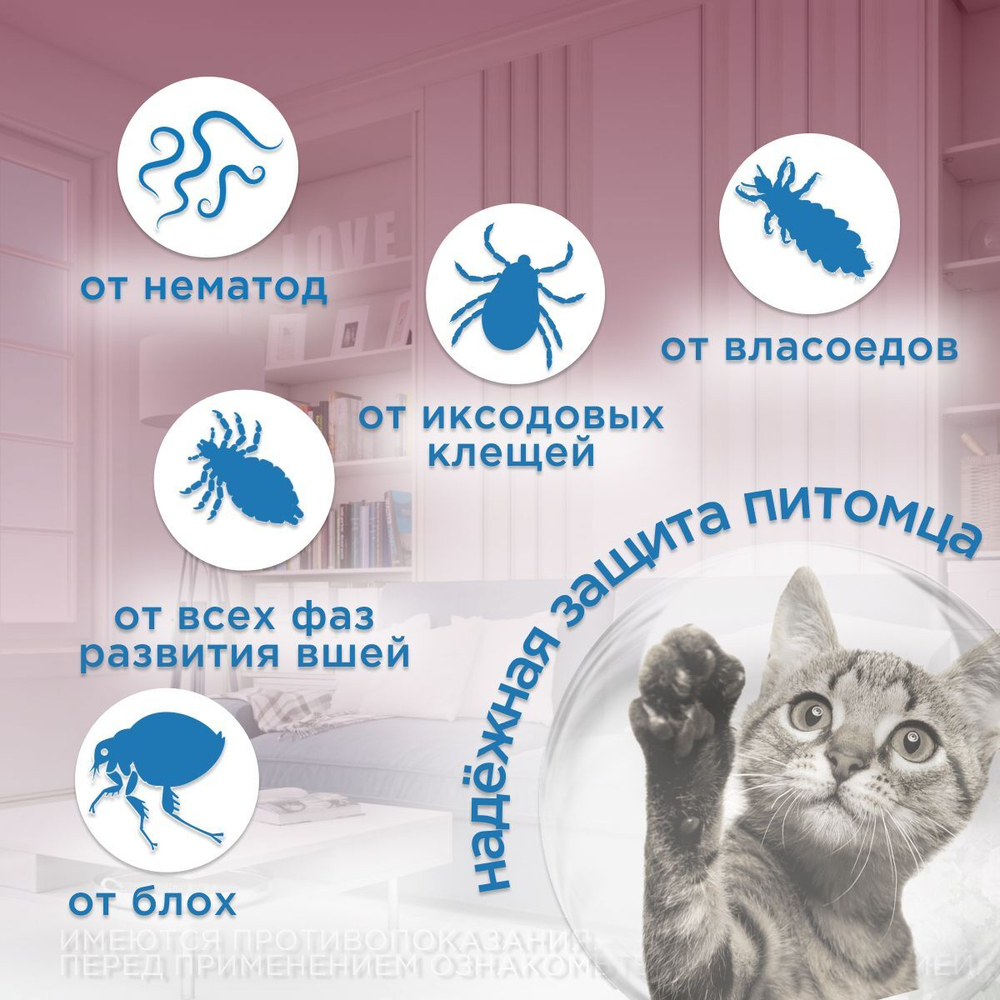 Капли на холку от клещей, блох и гельминтов для кошек от 3-4кг Санакард (Pchelodar), 4 пипетки Фипронил/Ивермектин
