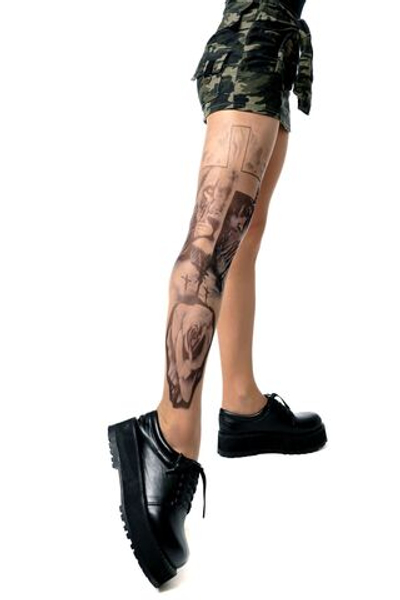 Колготки с принтом по религиозным мотивам на правой ножке (Размер: S-M-L) (Цвет: бежевый)