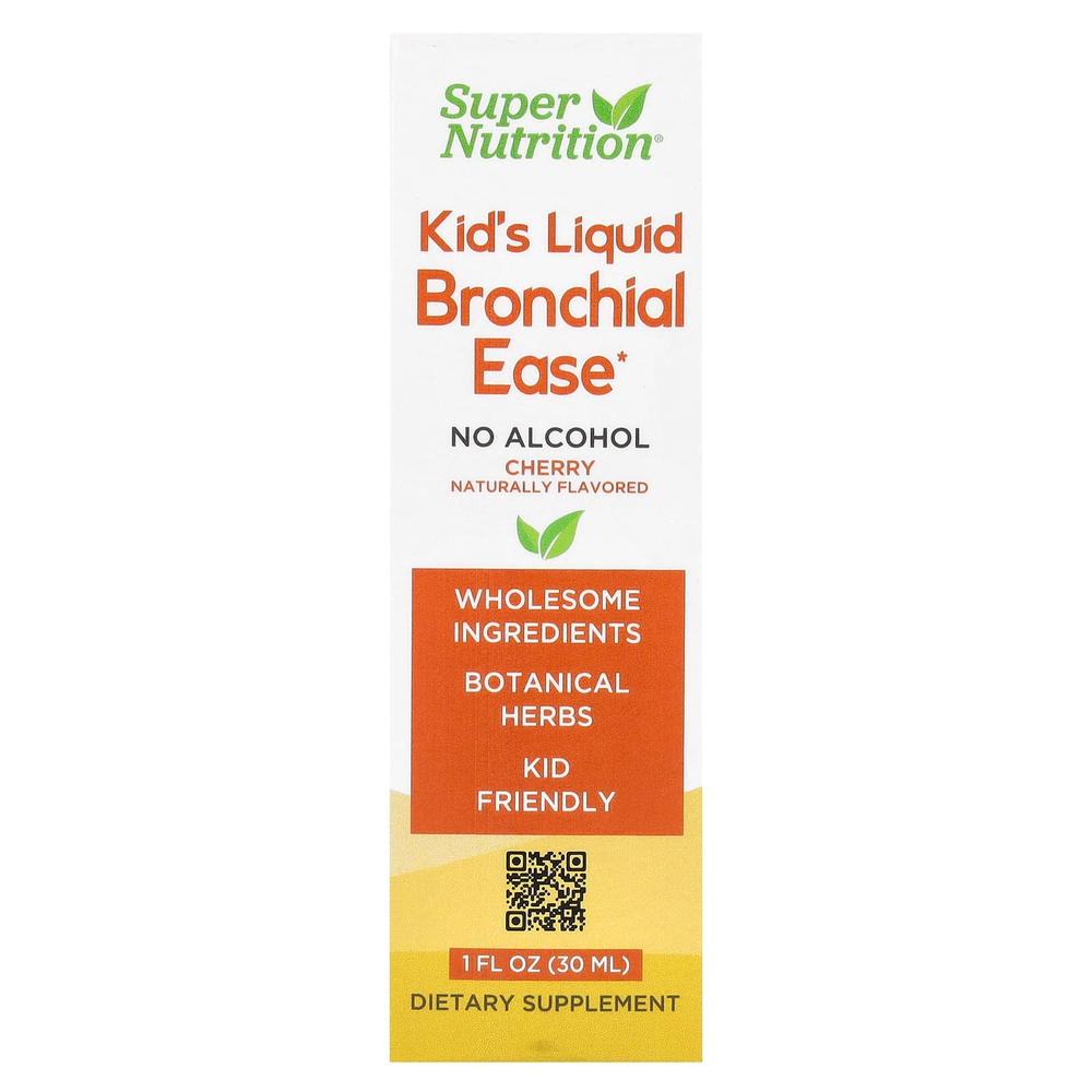 Super Nutrition, Bronchial Ease, детская жидкая добавка для здоровья бронхов, с корнем любистка, свежими листьями йерба санта, корнем солодки и листьями коровяка, без спирта, вишня, 30 мл (1 жидк. унция)