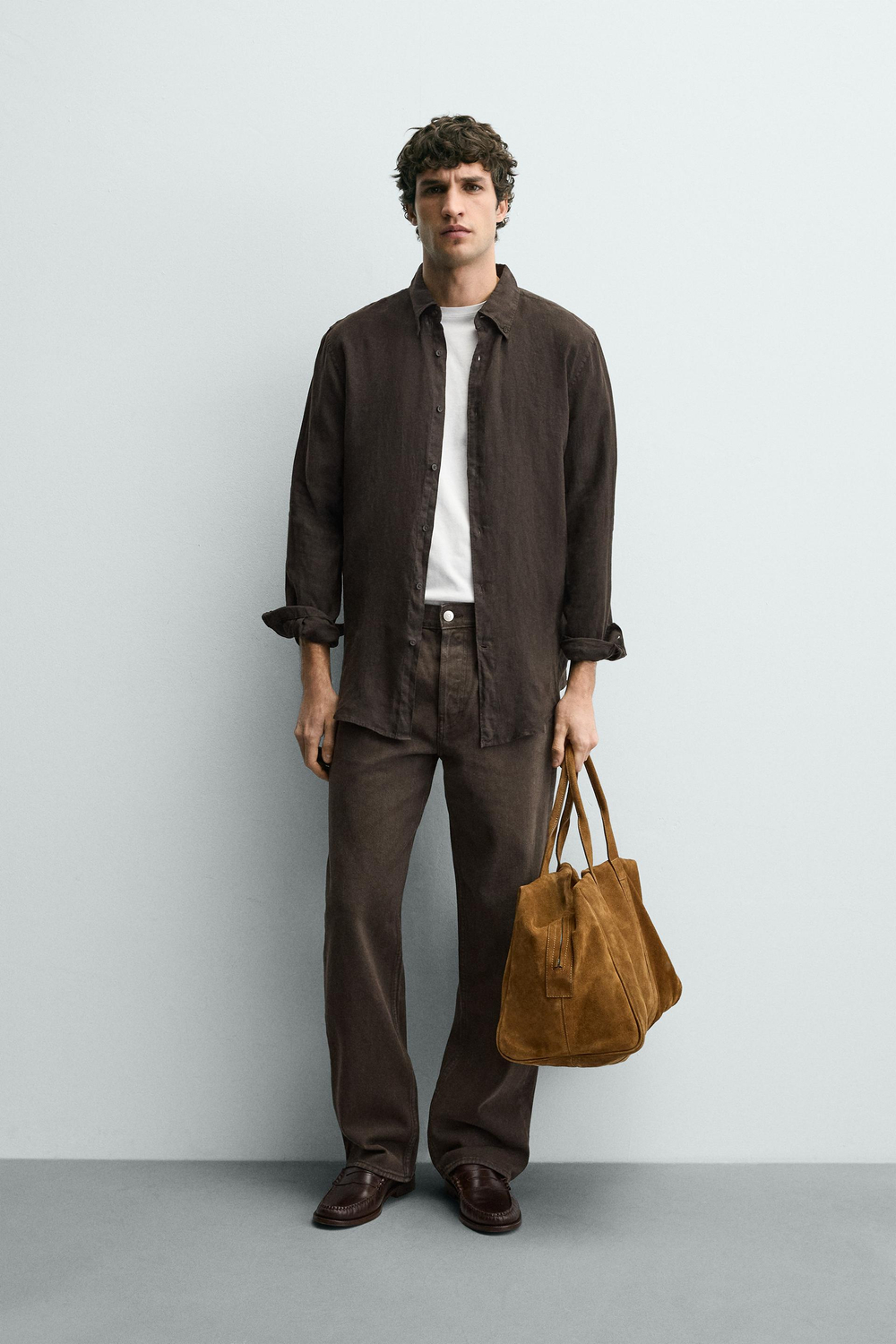 ZARA РУБАШКА REGULAR FIT ИЗ 100% ЛЬНА, ШОКОЛАДНЫЙ