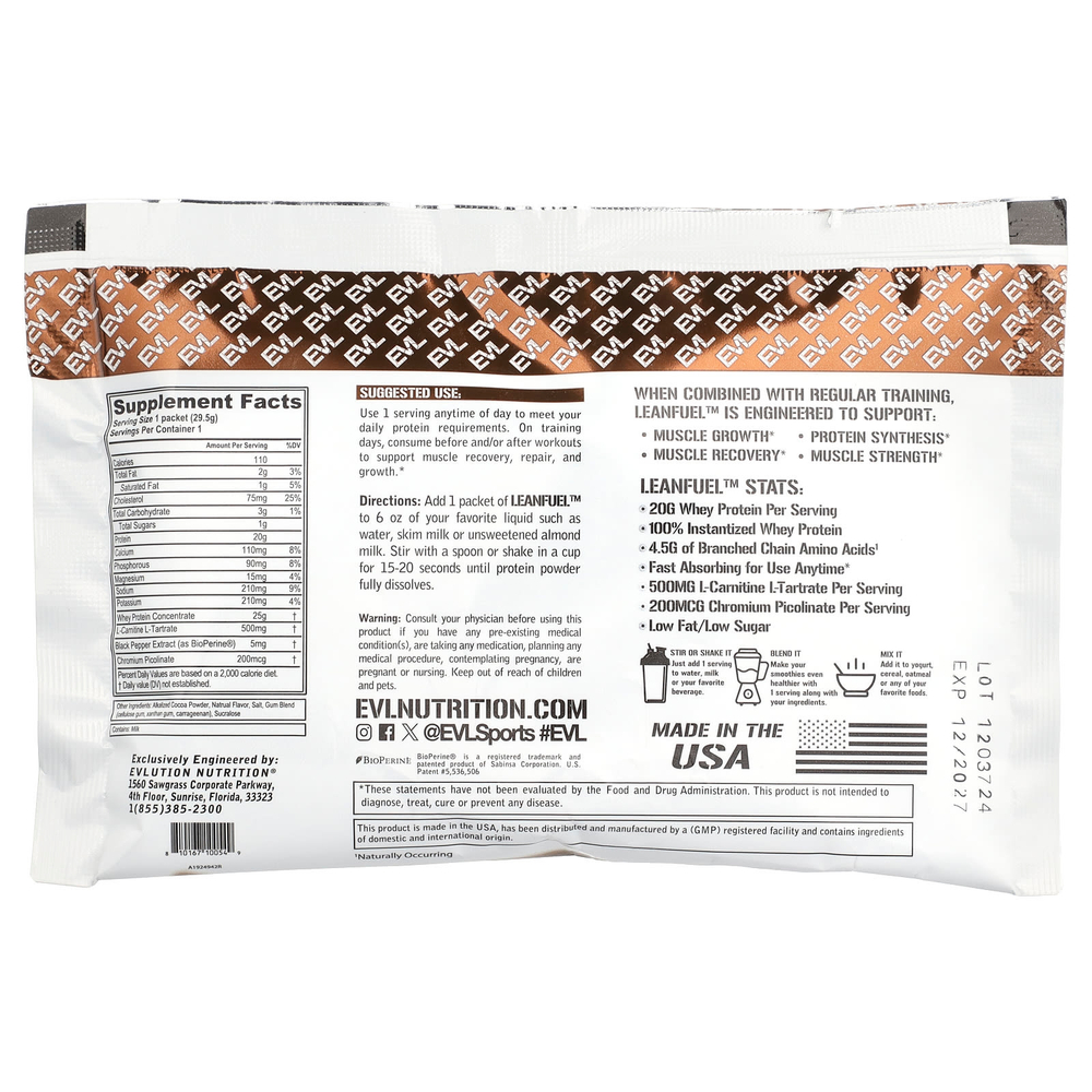 EVLution Nutrition, LeanFuel ™, шоколад, 3 пакетика по 29,5 г (1 унция)