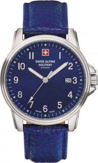 С ремешком Мужские наручные часы с синим кожаным ремешком Swiss Alpine Military 7011.1535 mens 40mm 10ATM