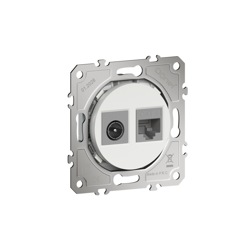 Розетка комбинированная RJ45 cat.6 + TV/SAT простая с разъёмом папа,  цвет матовый белый,  серия D16,  Donel