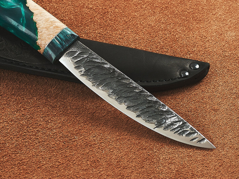 Якутский нож "Амга", сталь Х12МФ, рукоять стабилизированная карельская береза / акрил изумруд
