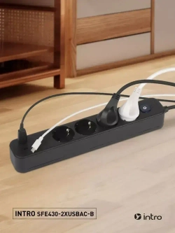 Сетевой фильтр Intro SFE430-2xUSBAC-B с базовой защитой с заземлением с выключателем 4 розетки+2xUSBA+C 3,1A 3м 10А / удлинитель сетевой 3м
