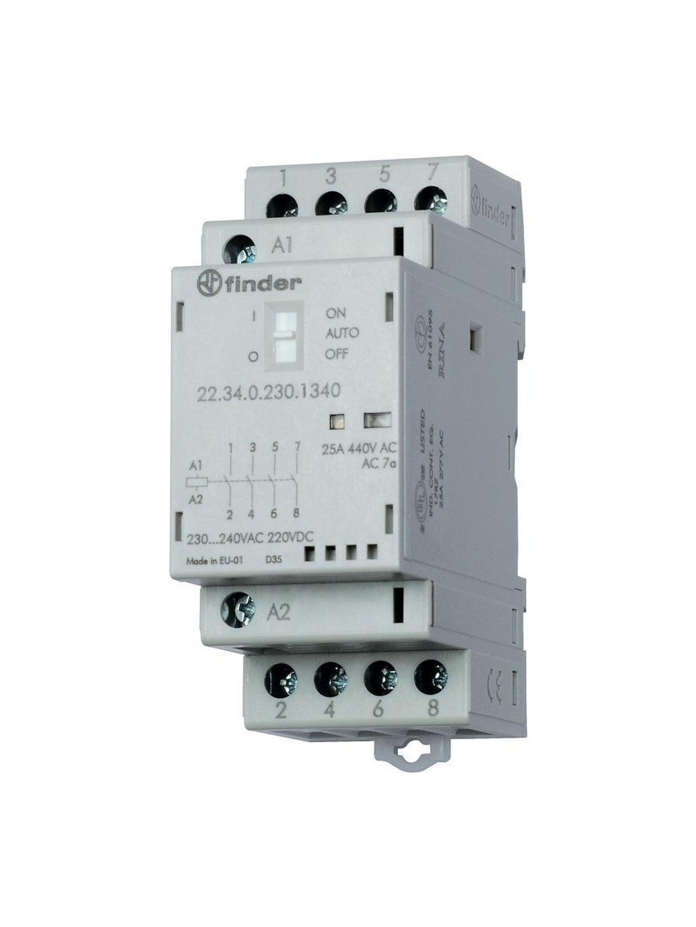 Контактор модульный 4NO 25А AgSnO2 230В AC/DC 35мм IP20 опции: переключатель Авто-Вкл-Выкл + мех. индикатор + LED FINDER 223402304340