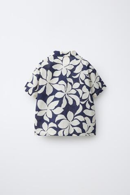 ZARA РУБАШКА ИЗ ХЛОПКА И ЛЬНА С ЦВЕТОЧНЫМ ПРИНТОМ, МОРСКОЙ СИНИЙ