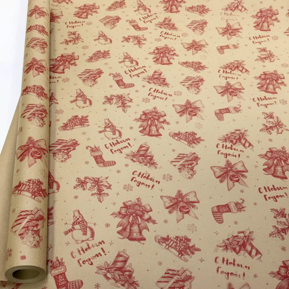 Бумага упаковочная 70 см х 10 м "Новогодняя" в рулоне (Крафт)