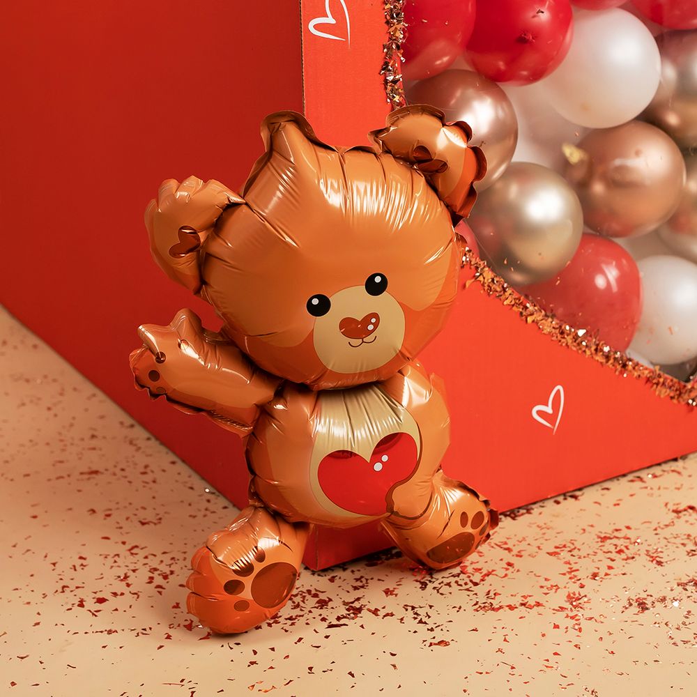 Шар с клапаном (16''/41 см) Мини-фигура, Мишка с сердечком, 1 шт.