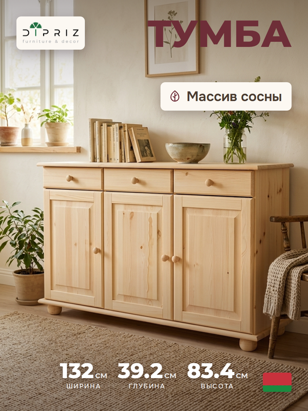 Тумба 132х39х83, Лена, в прихожую, гостиную, кухонная трехдверная, массив сосны, с ящиками (нижняя часть буфета Лена), прозрачный лак, Dipriz