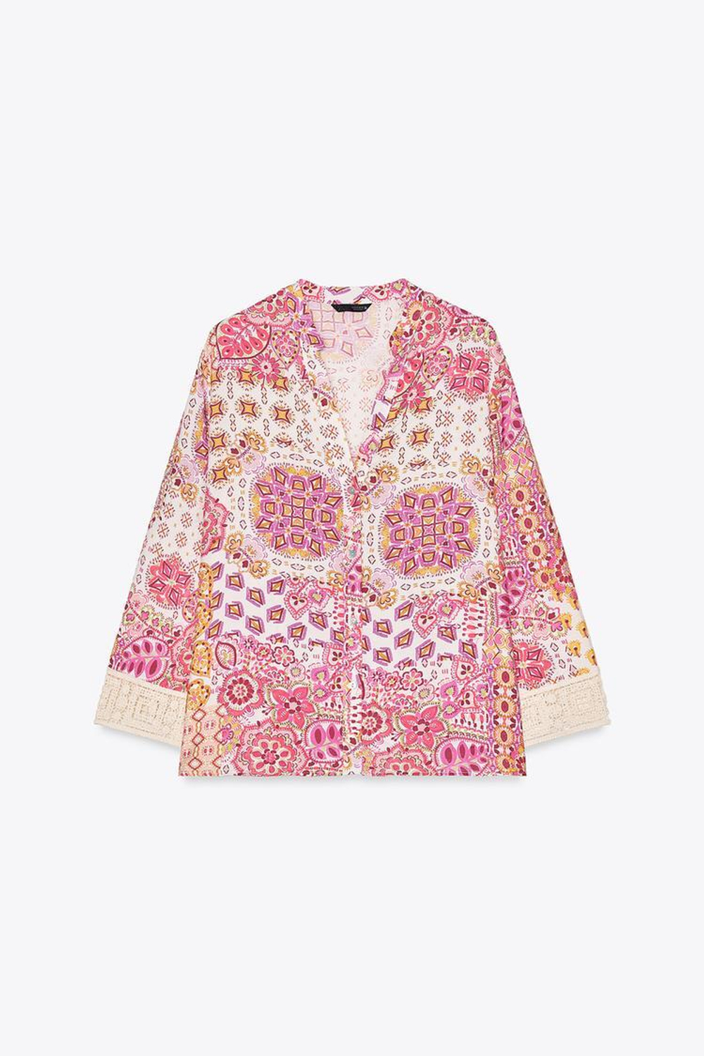 ZARA БЛУЗА ИЗ ТКАНИ С ПРИНТОМ И ДЕТАЛЯМИ ИЗ ГИПЮРА НА РУКАВАХ, РАЗНОЦВЕТНЫЙ