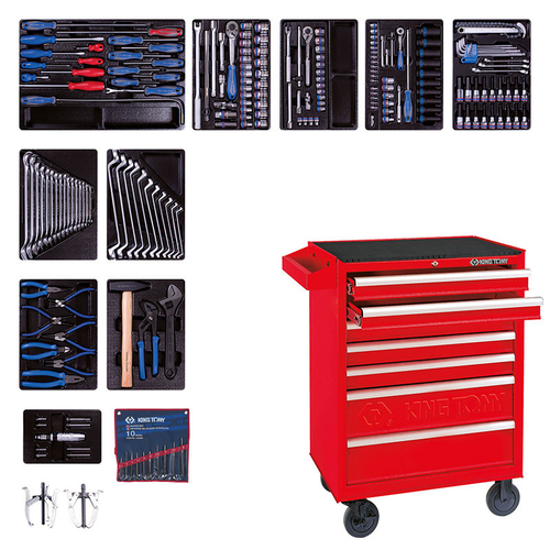 KING TONY (934-100MR) Набор инструментов в красной тележке, 204 предмета