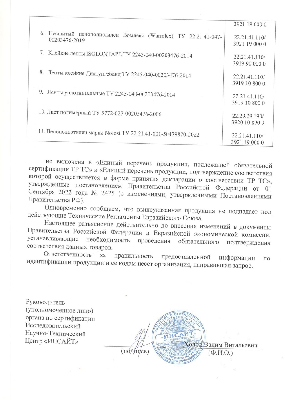 Сертификаты на изолон