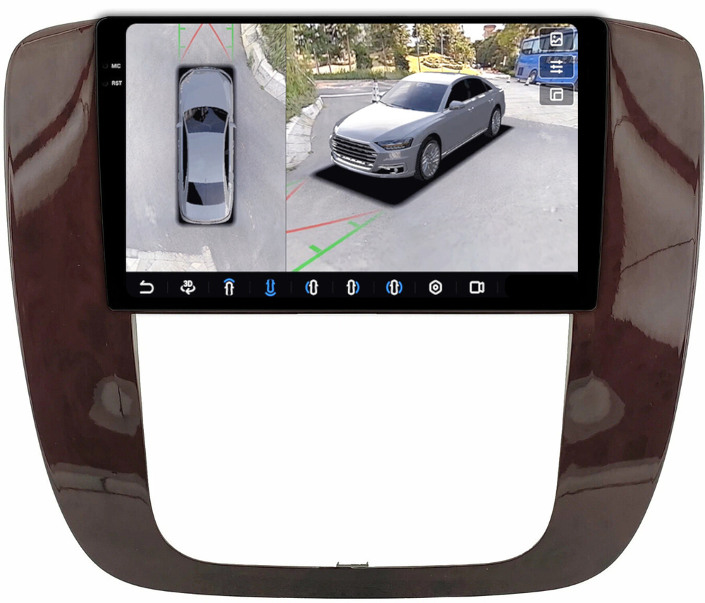 Магнитола для Chevrolet Tahoe 900 2006-2014 (рамка под дерево) - FarCar BX1174M-360 монитор 9.5" 2K QLED на Android 13, 6Гб+128Гб, CarPlay, 4G SIM-слот, 4 камеры в комплекте