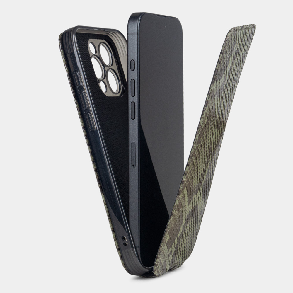 Чехол для iPhone 16 Pro Max кожаный, питон зеленого цвета