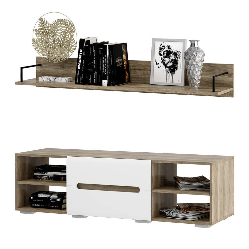 ТВ Тумба и полка Наоми ТБ-16 дуб каньон/белый глянец