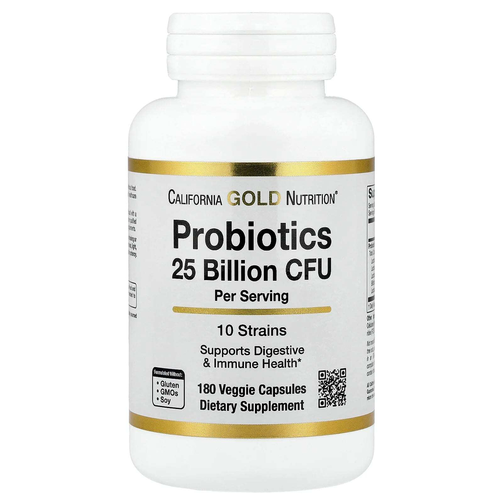 California Gold Nutrition, пробиотики с ацидофильными лактобактериями, бифидобактериями лактис, лактобактериями плантарум и лактобактериями казеи, смесь из 10 штаммов, 25 млрд КОЕ, 180 вегетарианских капсул