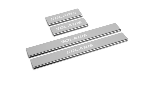 Накладки на пороги AutoMax для Hyundai Solaris I поколение 2010-2014, нерж. сталь, с надписью, 4 шт., AMHYSOL02