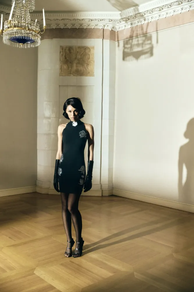 Viva mini, платье мини из черного хлопка со стразами