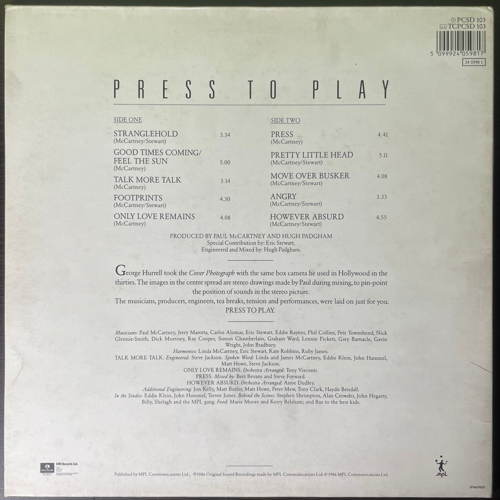 Paul McCartney ‎– Press To Play (Англия 1986г.)