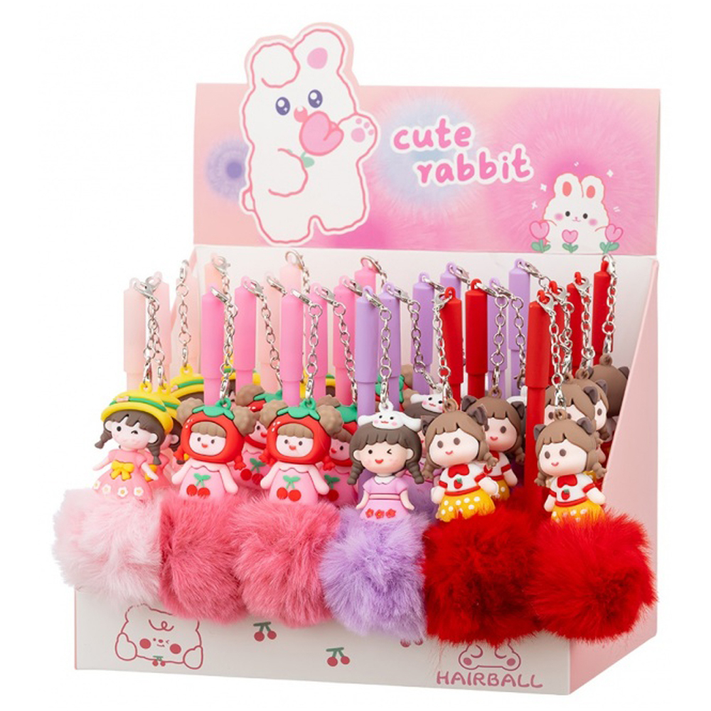 Ручка шариковая, Basir, синие чернила, серия "Девочка пушистик", цветной корпус с мехом и фигуркой, 24 шт