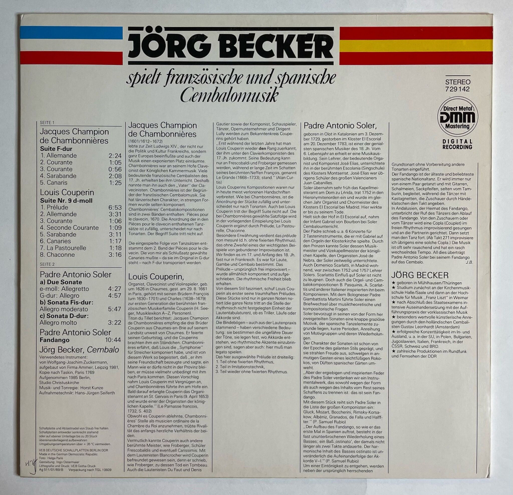 Винтажная виниловая пластинка LP Jorg Becker Spielt Franzosische Und Spanische Cembalomusik (ГДР 1988)