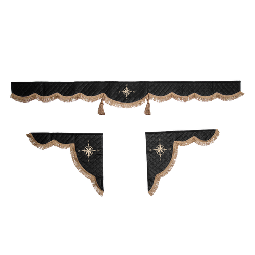 Ламбрекен с косынками универсальные стеганые Роза Ветров (экокожа, черный, коричневые кисточки)