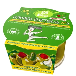 Оливки Коктейль №2 с каперсами, томатом, Джалапено и огурчиком 28Olives, 150 г, упаковка спереди