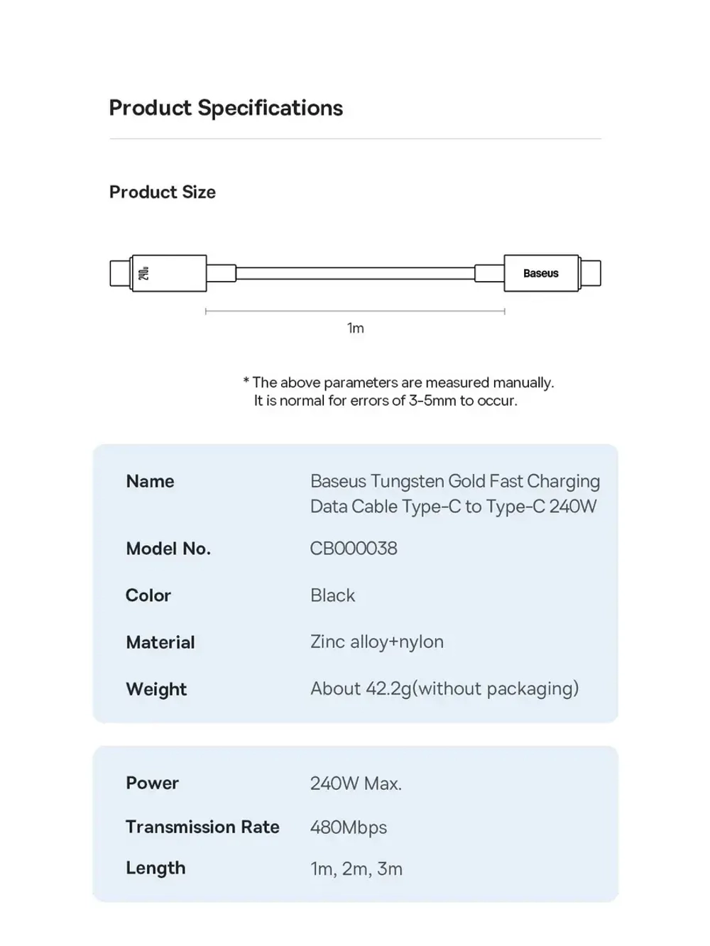 Кабель зарядки Базеус Type-C 240W для OnePlus, Honor