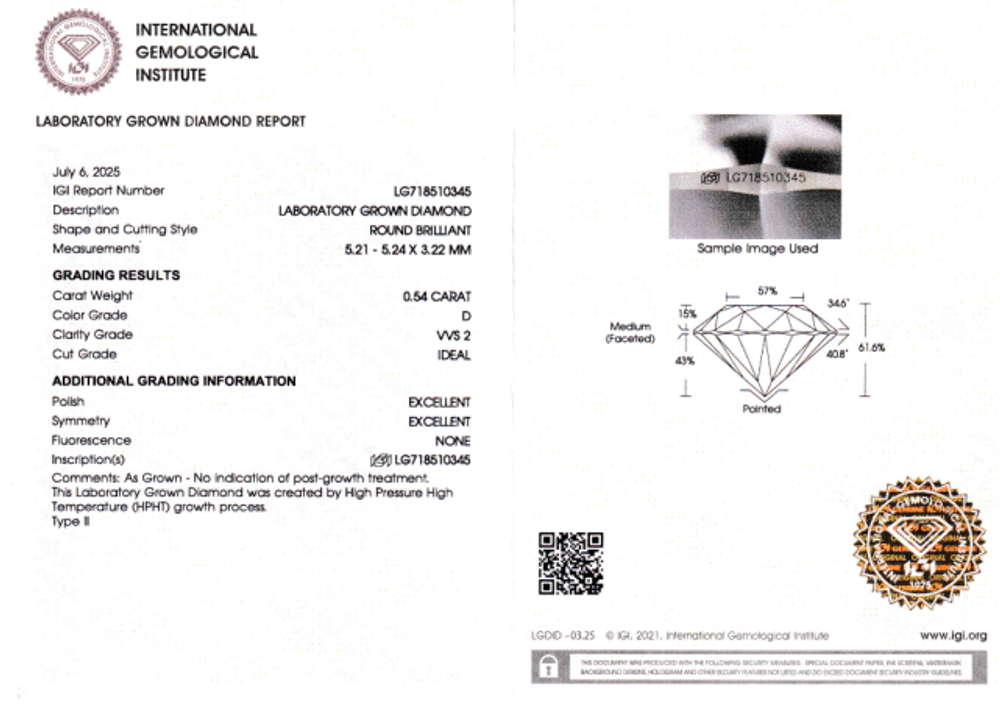 Лабораторно-выращенный бриллиант Кр-57 5.21-5.24 мм D/VVS2 0.54 ct