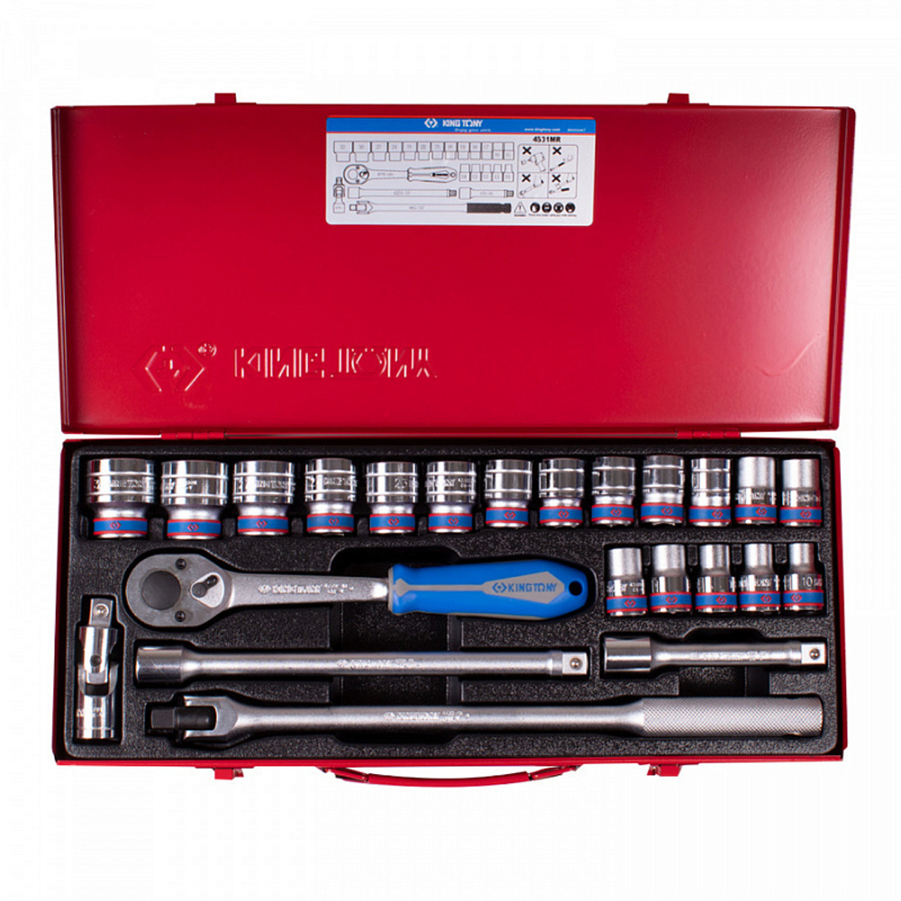 KING TONY (4531MR) Набор торцевых головок с принадлежностями 1/2", 6-гранные, 10-32 мм, 23 предмета