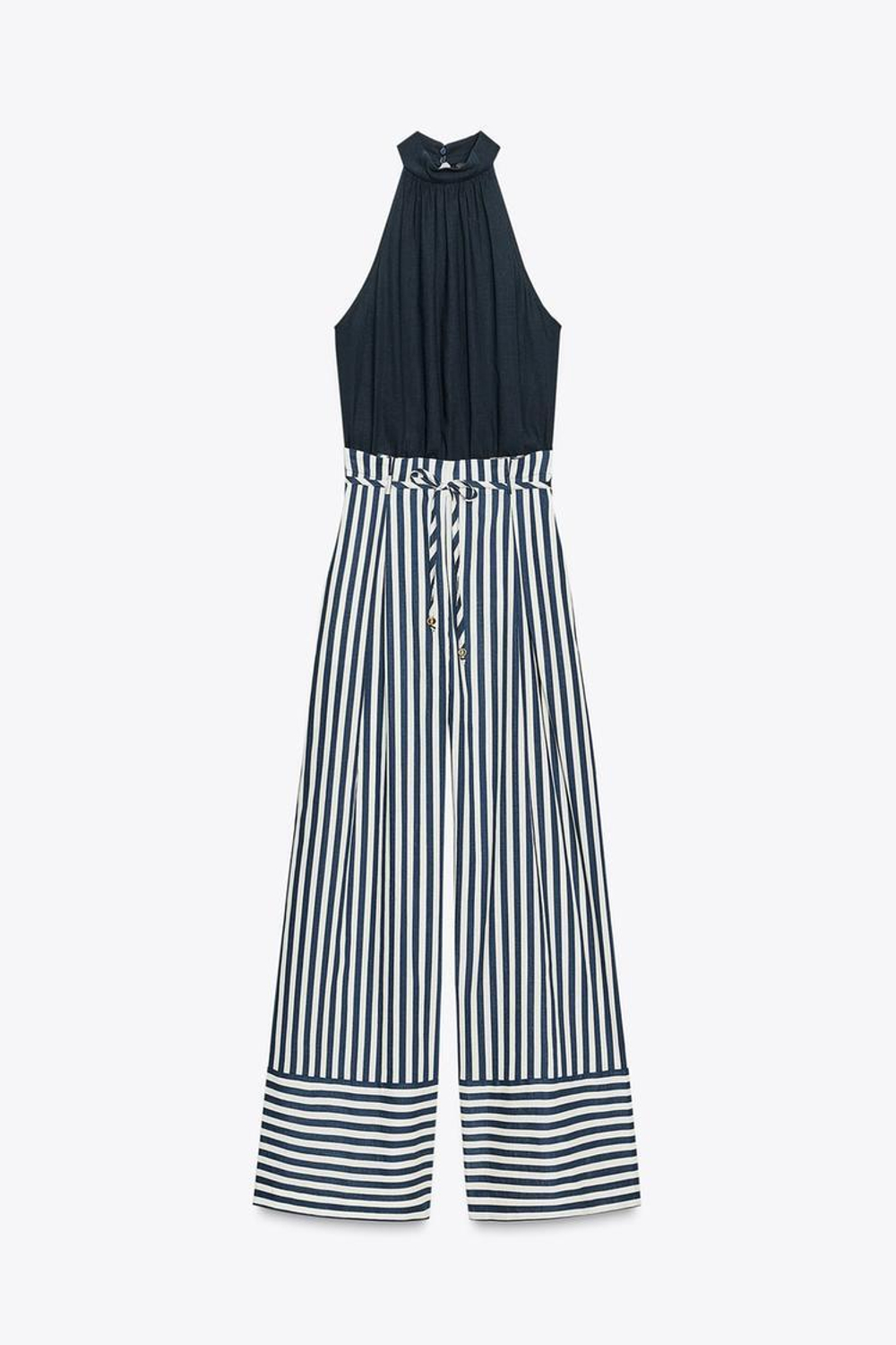 ZARA ДЛИННЫЙ КОМБИНЕЗОН ИЗ ЛЬНА, СИНИЙ/БЕЛЫЙ