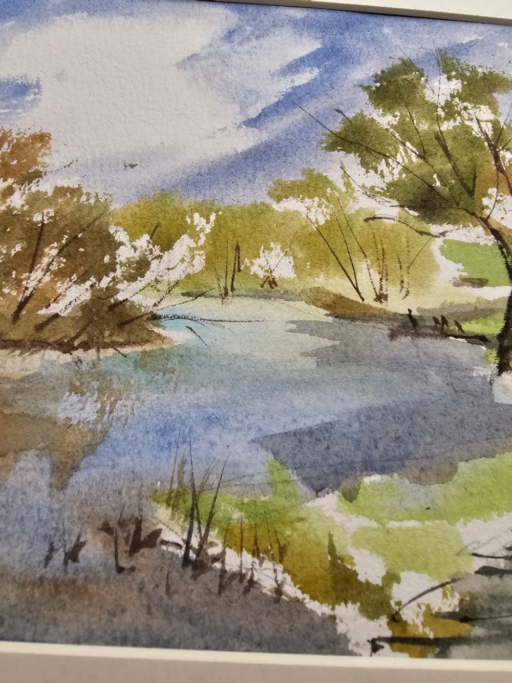 Картина авторская акварельная в паспарту 21х30 см на стену для интерьера "Разлив Осетра"