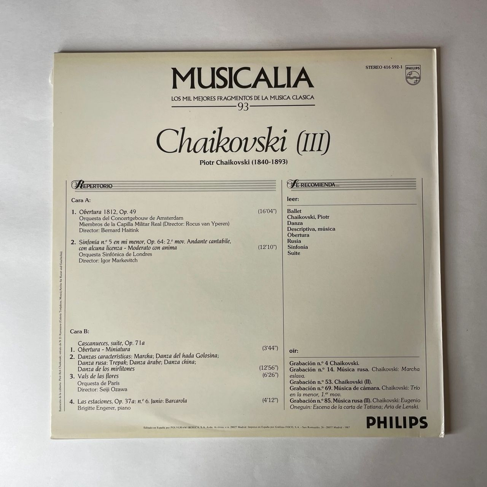 Винтажная виниловая пластинка LP П. И. Чайковский Сборник Musicalia 93, Chaikovski III (Испания 1987)