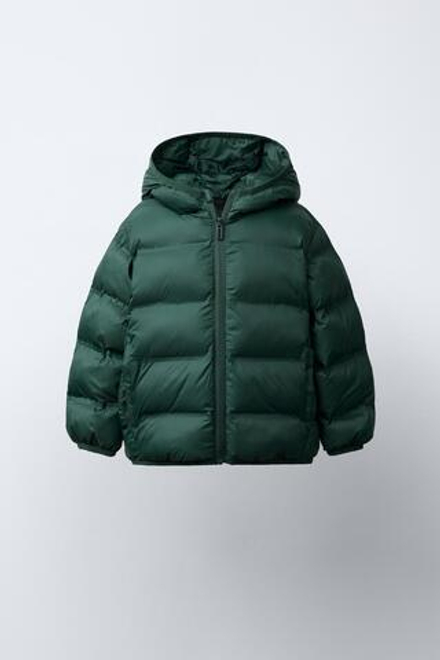 ZARA УЛЬТРАЛЕГКАЯ СТЕГАНАЯ КУРТКА С КАПЮШОНОМ, ЗЕЛЕНЫЙ