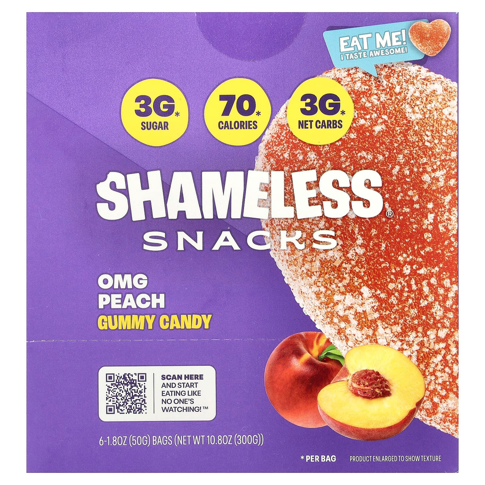 Shameless Snacks, жевательные конфеты, персик, 6 пакетиков по 50 г (1,8 унции)