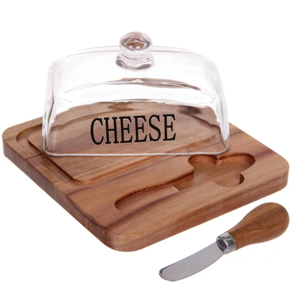 Сырница деревянная «SHEF» 18,5*18*9,5см с крышкой из стекла и ножом