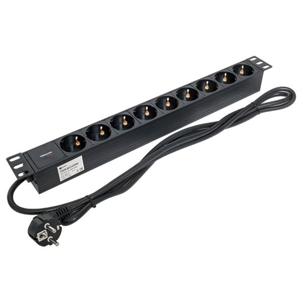 Блок розеток PDU TERACOM PRO 19" 1U 16А/250В 9 розеток Schuko шнур питания длиной 2 метра сечение 3x1,5 мм2 вилка Schuko корпус алюминий черный