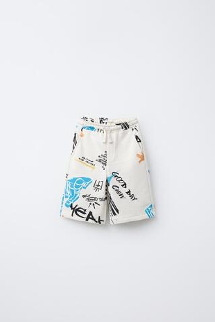 ZARA ШОРТЫ ИЗ МЯГКОЙ ТКАНИ С ПРИНТОМ «ГРАФФИТИ», ЖЕЛТОВАТО-БЕЛЫЙ
