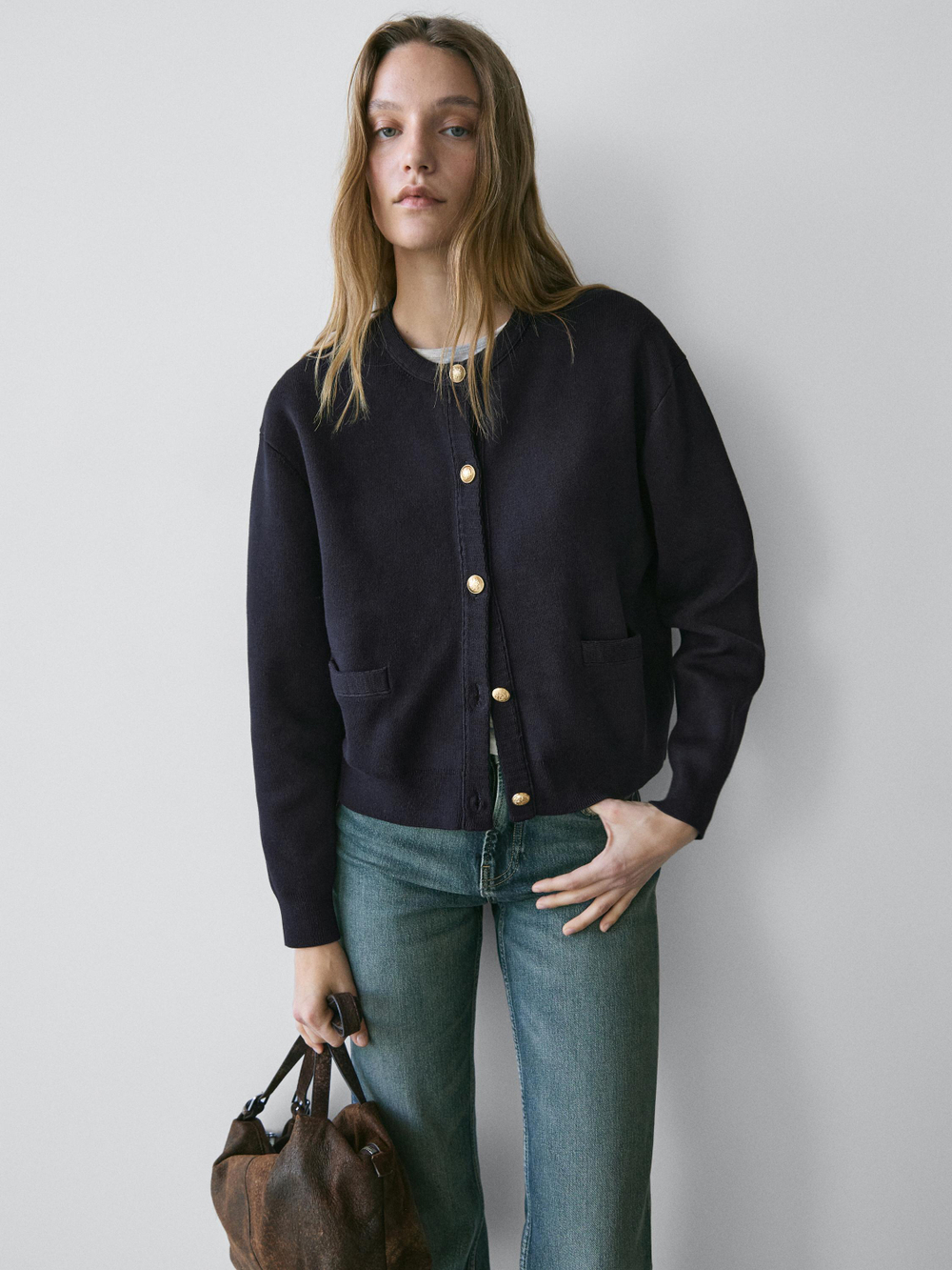 Massimo Dutti Кардиган из хлопкового трикотажа с золотистыми пуговицами, темно-синий