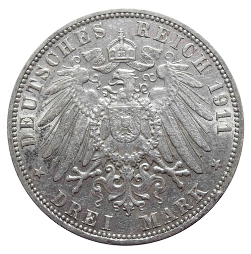 3 марки 1911 года. (J) Германия-Гамбург. Серебро. XF-AU