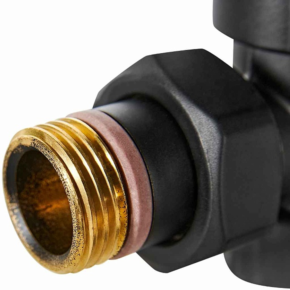 Клапан термостатический угловой STOUT Design - 1/2" (ВР/НР-американка, PN10, Tmax 120°C, EPTF уплотнение, цвет черный)